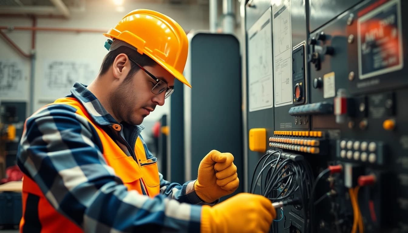 Engaged electrician apprentice working on electrical systems, showcasing skills in a modern workshop.