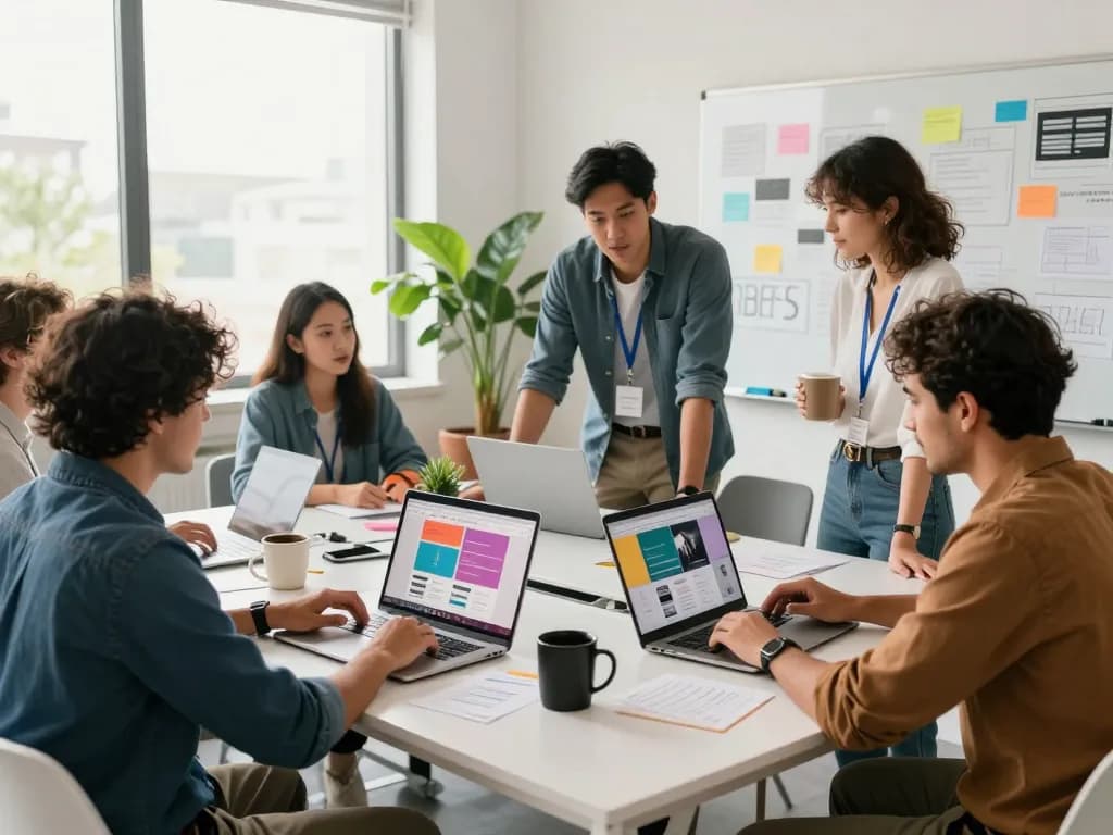 Hire web designer collaborating in a modern office workspace with laptops and creative designs.