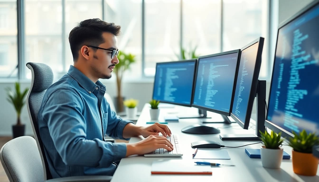 Efficient workspace at a typing center showcasing multiple monitors and focused typist.
