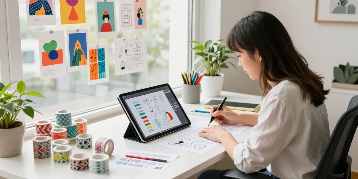 Designer creating custom washi tape designs with colorful patterns in a bright workspace