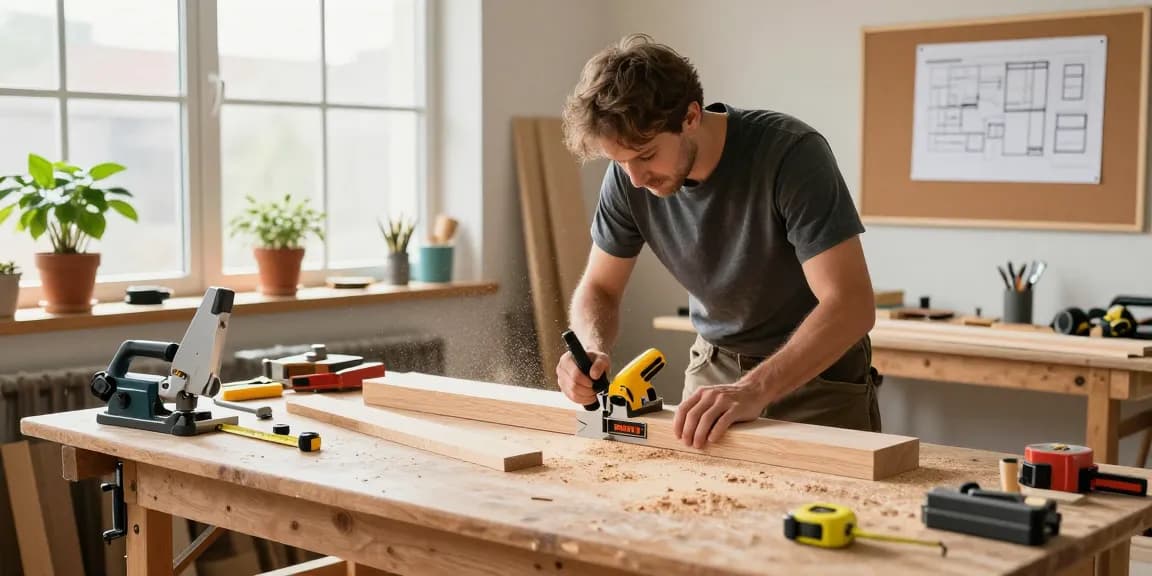 Woodworker using dewalt dw733 planer in a bright workshop, showcasing craftsmanship