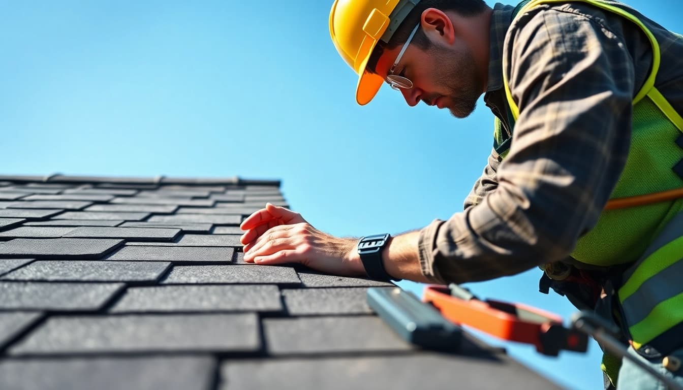 Top roofing contractor San Ramon inspecting shingles on a sunny day in a professional setting.