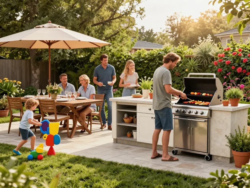 Outdoor living configurator scene with family enjoying vibrant backyard kitchen space.
