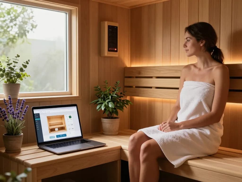 Relaxing sauna room designed with a sauna 3D configurator, showcasing natural wood, ambient lighting, and serene atmosphere.