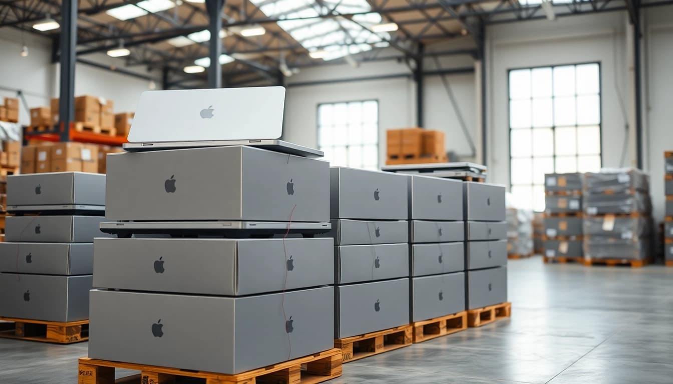 Showcase of MacBook Pro pallets for Sale in a modern warehouse environment.