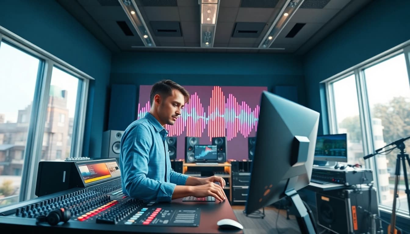 Engage in online mastering with a professional audio engineer in a modern studio.