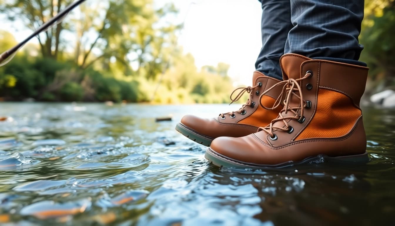 A fly fishing enthusiast stands in a serene river while showcasing quality fly fishing boots.