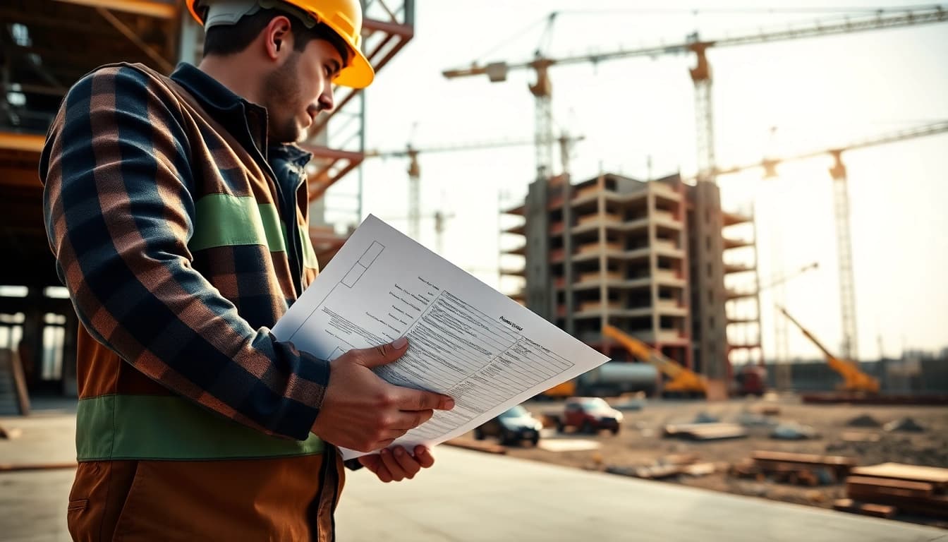 New Jersey General Contractor analyzing construction plans on-site with cranes in the background.