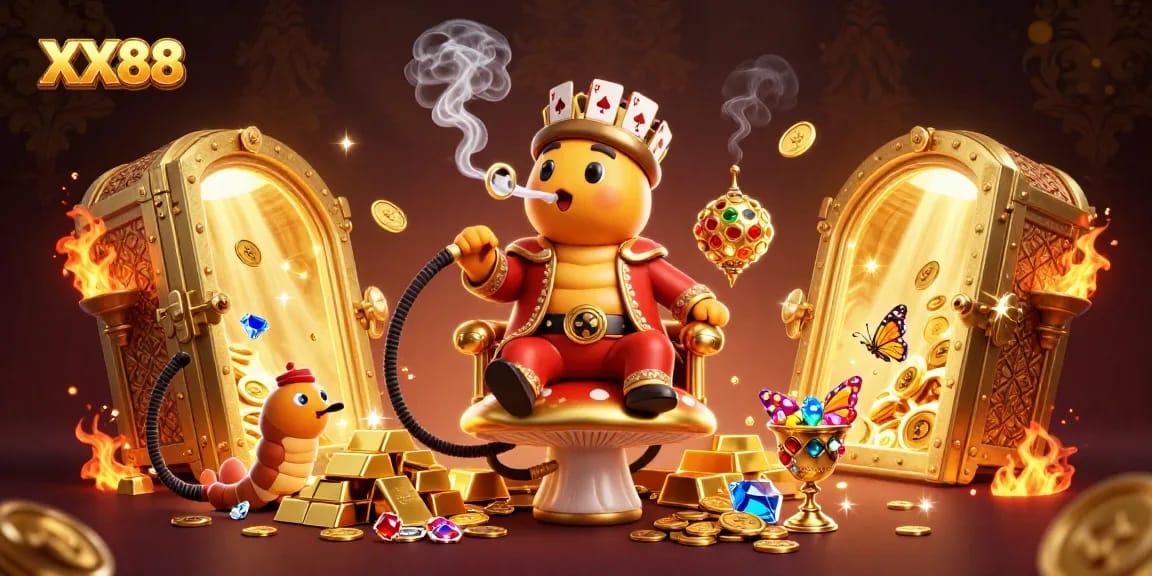 Engage with exciting gameplay at XX88, featuring dynamic 3D cartoon art of a sultan caterpillar in a treasure-filled scene.