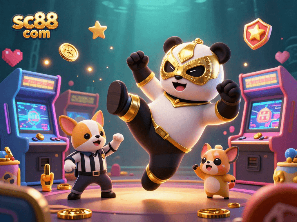 Experience excitement with sc88 com amid a vibrant casino scene featuring a wrestler panda and arcade elements.