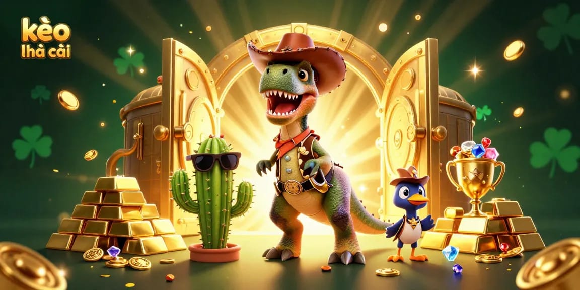 Engage with kèo nhà cái as a cowboy dinosaur and friends win treasure in this vibrant casino scene.