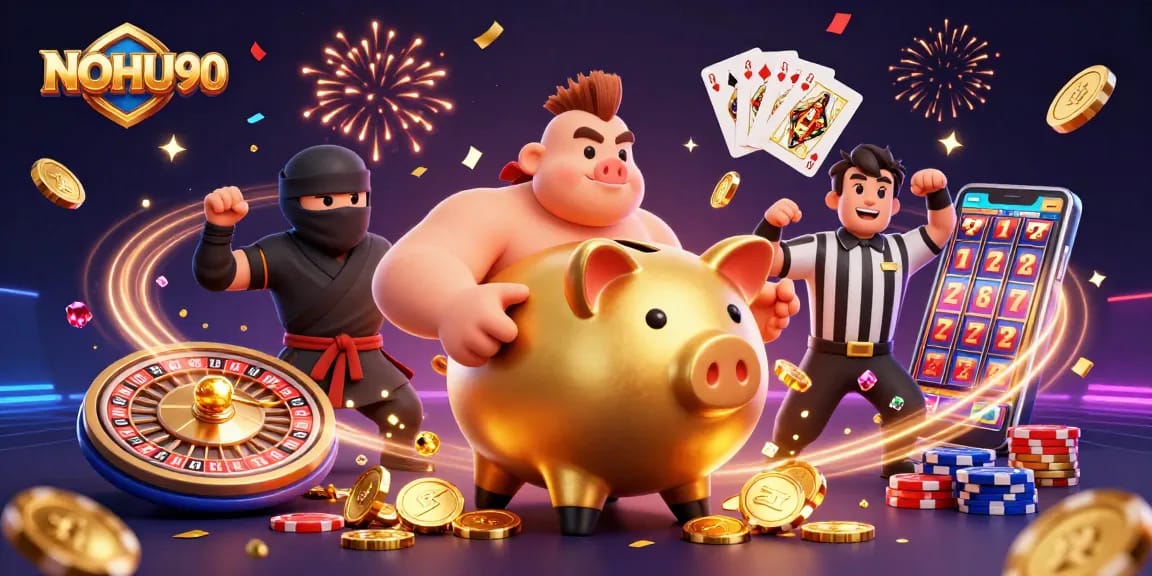 Watch NOHU90’s golden piggy bank sumo wrestler stomp while coins cascade in vibrant casino scene.