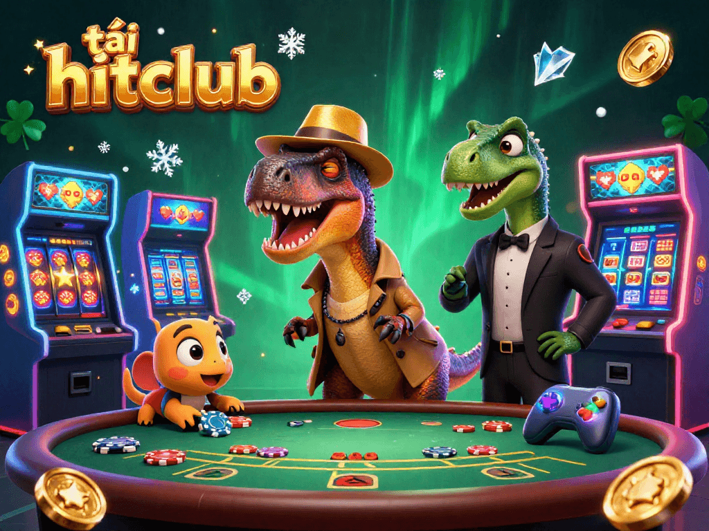 Tải hitclub showcases a clever velociraptor card counter at a vibrant blackjack table, adding excitement to your gambling experience.