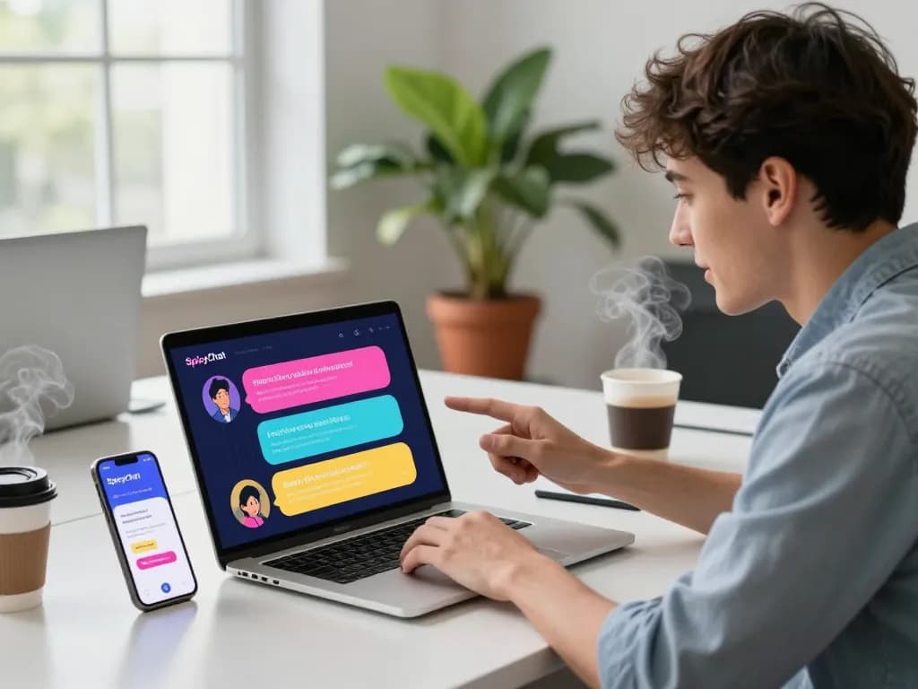 Young professional using SpicyChat AI interface on a laptop with colorful chat bubbles in a bright workspace.