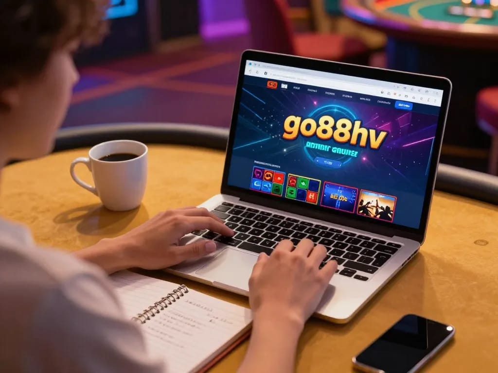 Player engaging with go88hv online casino app on laptop, highlighting strategic gaming atmosphere.