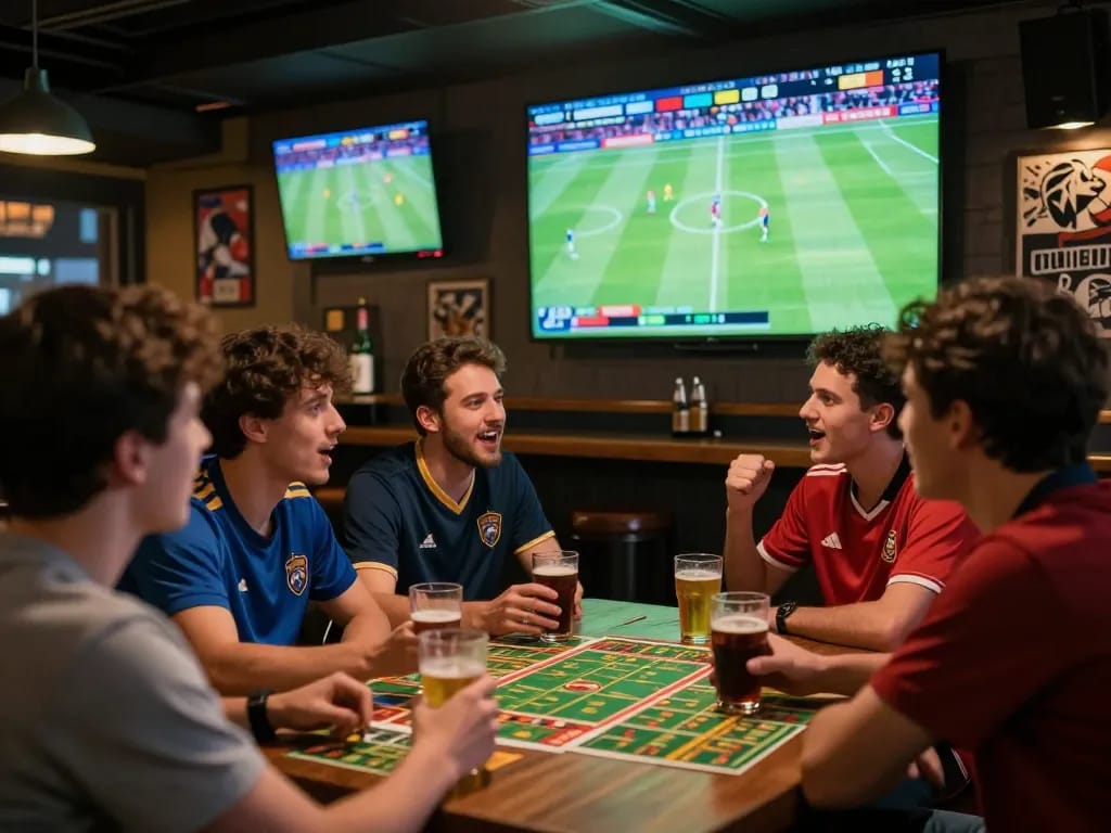 Fans making nhận định bóng đá while cheering at a vibrant sports bar with live games on screen.