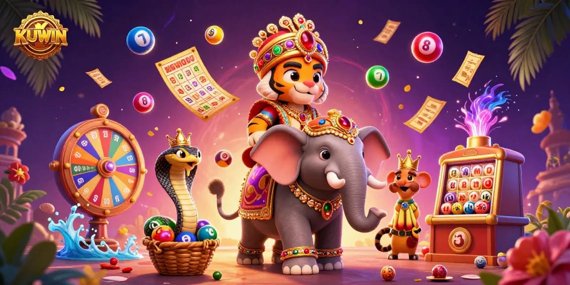 Engage with KUWIN in this 3D casino scene filled with vibrant lottery elements and prizes.