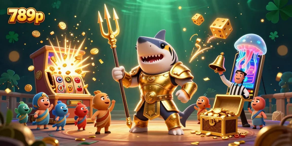 Engage with the thrilling visual of 789p's underwater casino adventure featuring a golden shark and slot machines.