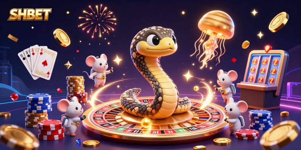 SHBET engaging players with a vibrant cosmic casino scene shown in 3D digital illustration.