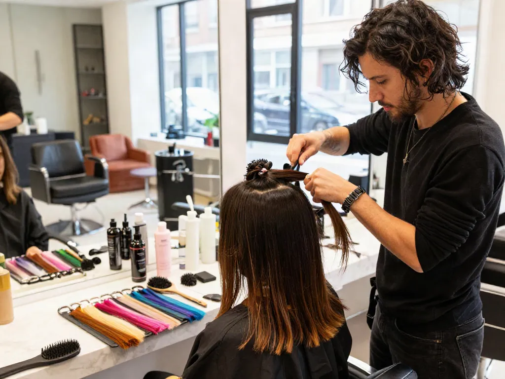 Client receiving genius weft extensions in a stylish salon setting with colorful hair products.