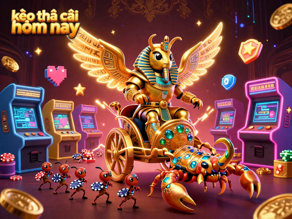 Engage with kèo nhà cái hôm nay featuring a colossal golden scarab beetle in a dynamic casino scene.