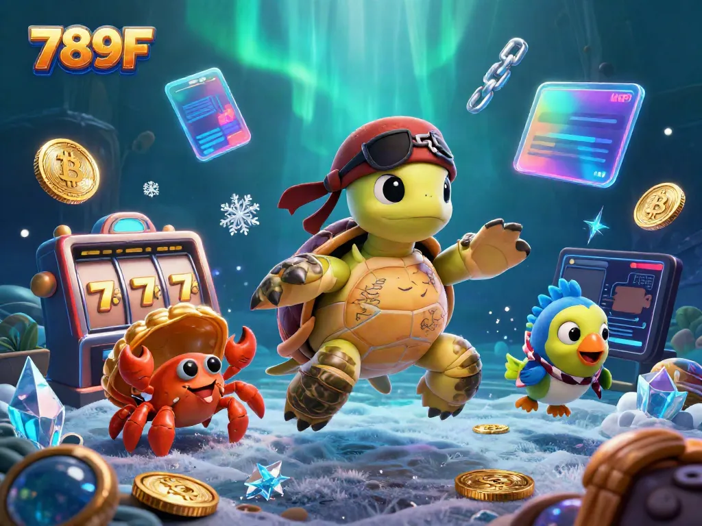 Engage with captivating 789F casino games featuring a lively 3D turtle, coins, and slot machines.