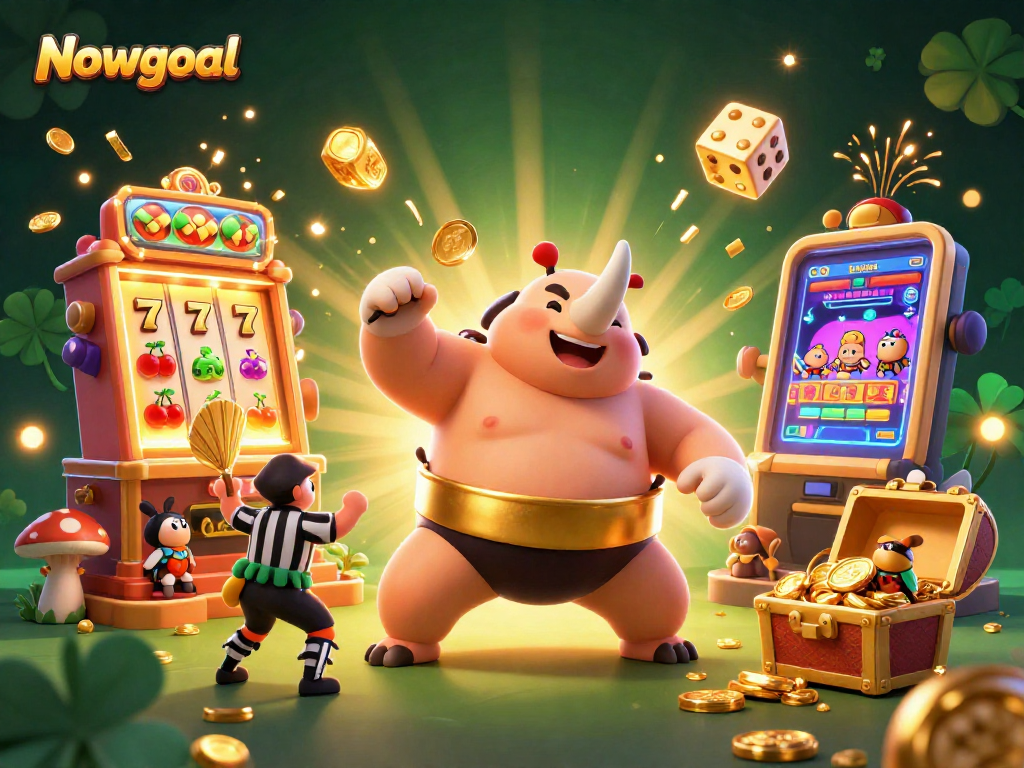 Nowgoal engages players with a vibrant 3D casino scene featuring a beetle champion surrounded by exciting game elements.