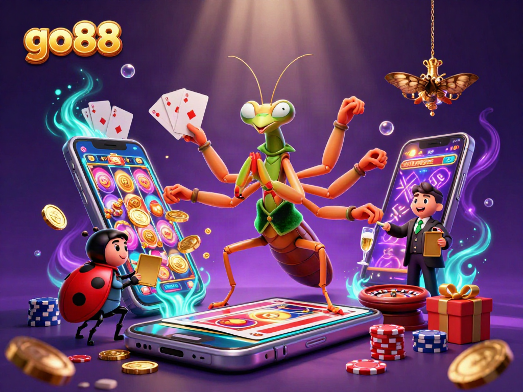 Experience go88's vibrant gaming scene with a giant mantis card sharp, ladybug pit boss, and thrilling casino elements.