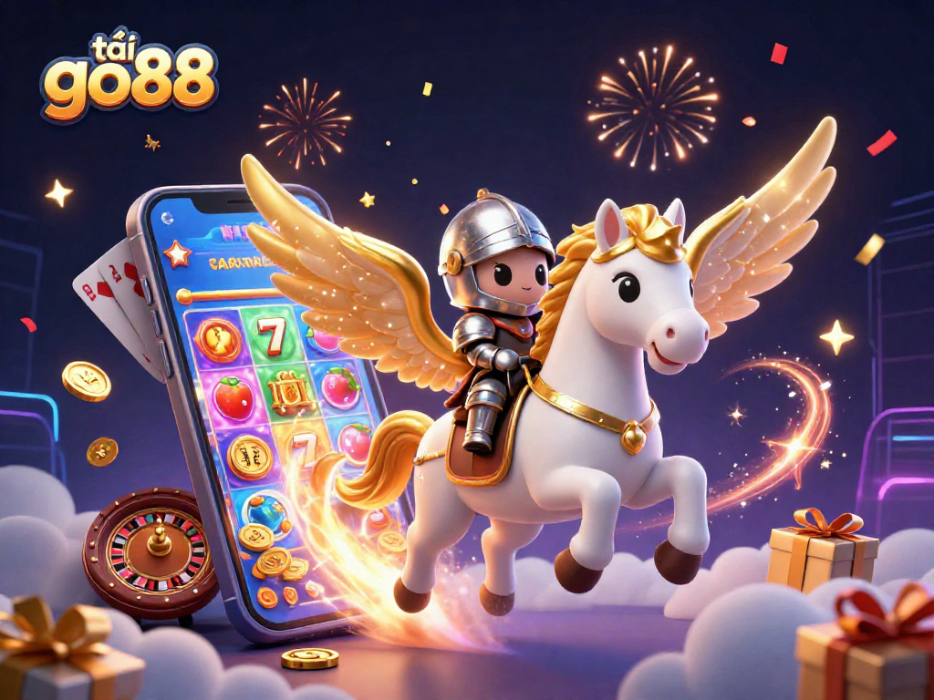 Engage in slot gaming excitement with tải go88 as a magical knight rides a celestial horse amidst vibrant casino elements.