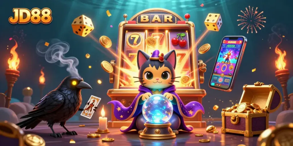 Experience the thrill of JD88 with a vibrant casino scene featuring mystical characters and jackpot elements.