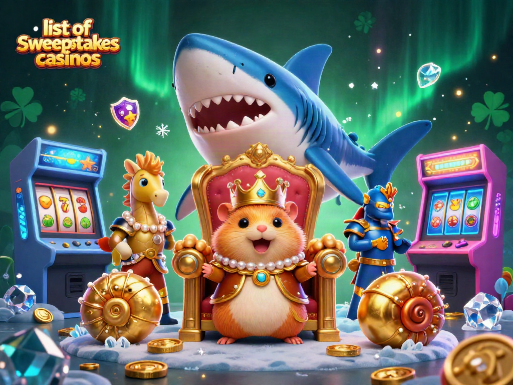 Engage with the list of sweepstakes casinos illustrated in a vibrant 3D scene, featuring playful characters and casino elements.