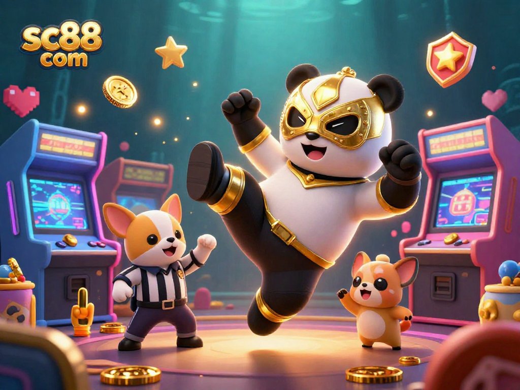 Experience excitement with sc88 com amid a vibrant casino scene featuring a wrestler panda and arcade elements.