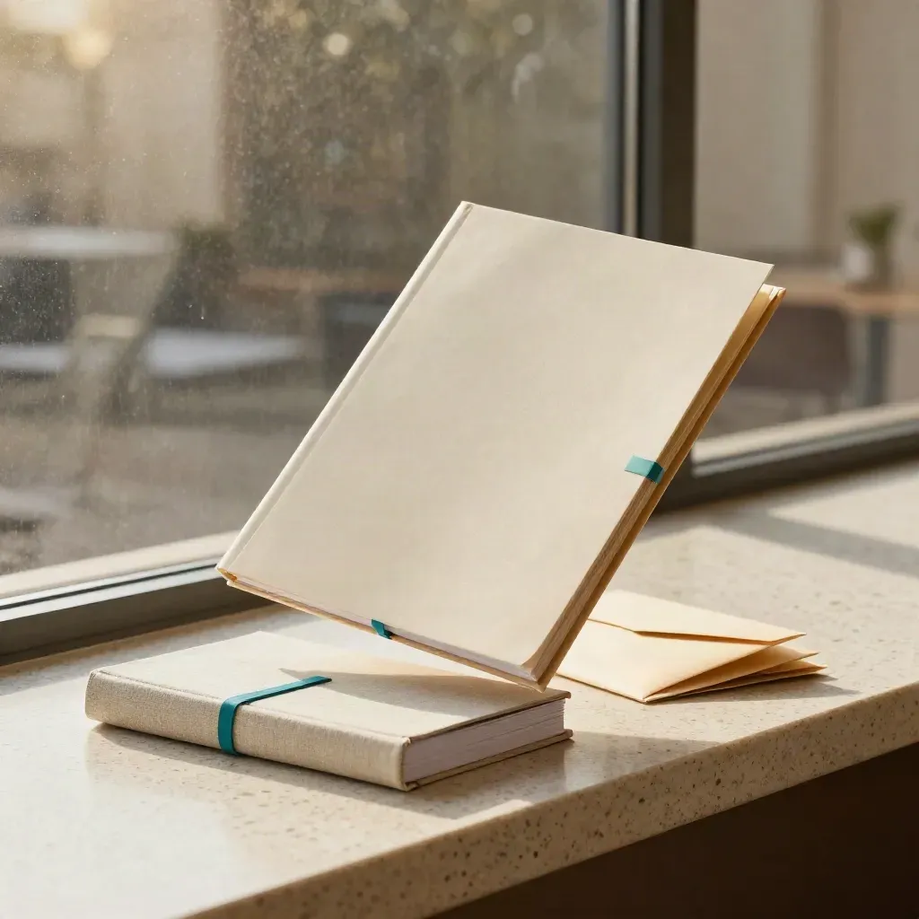 Stacked strategy folders, workbook and envelope on travertine with teal accent.