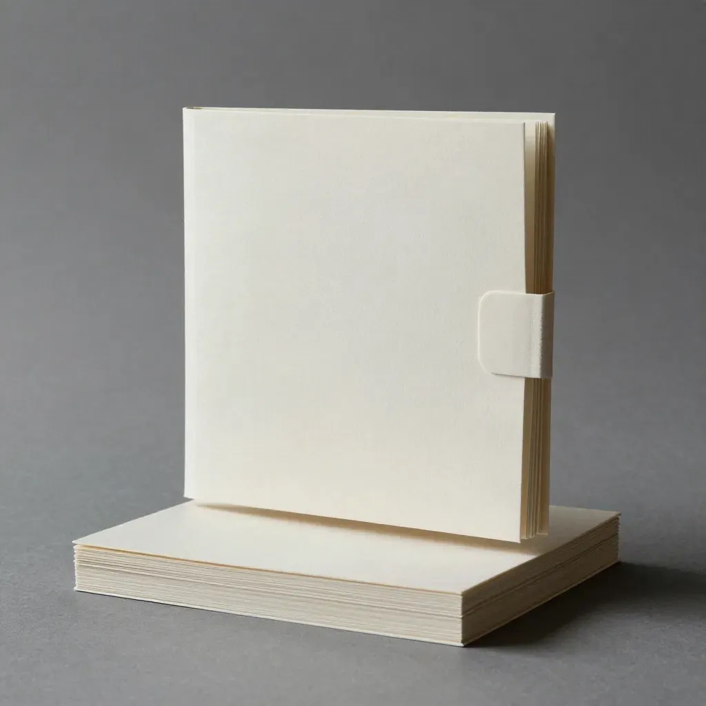Floating off-white audit folio with two slim cards and linen tab on a slate studio backdrop.