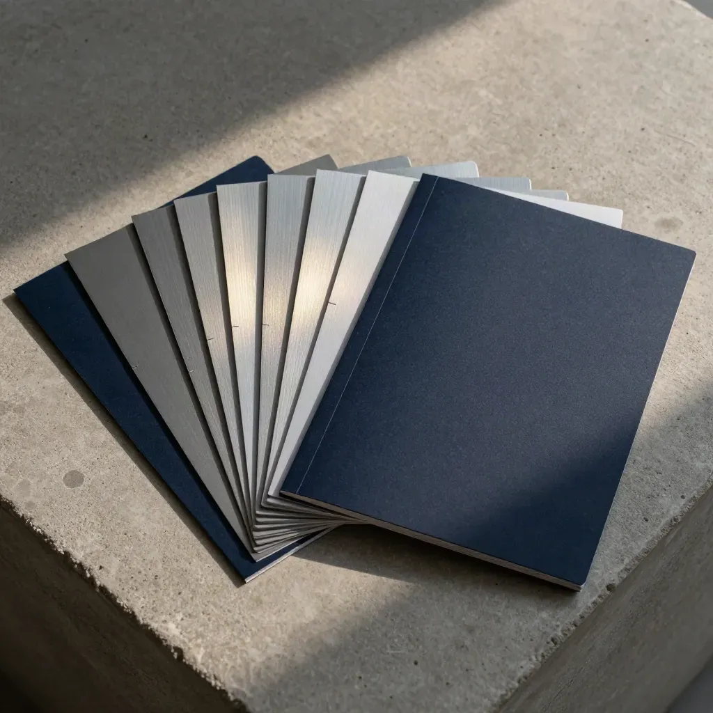 Overhead flatlay of layered competitor cards, tab dividers, and a folded sleeve on cool concrete.