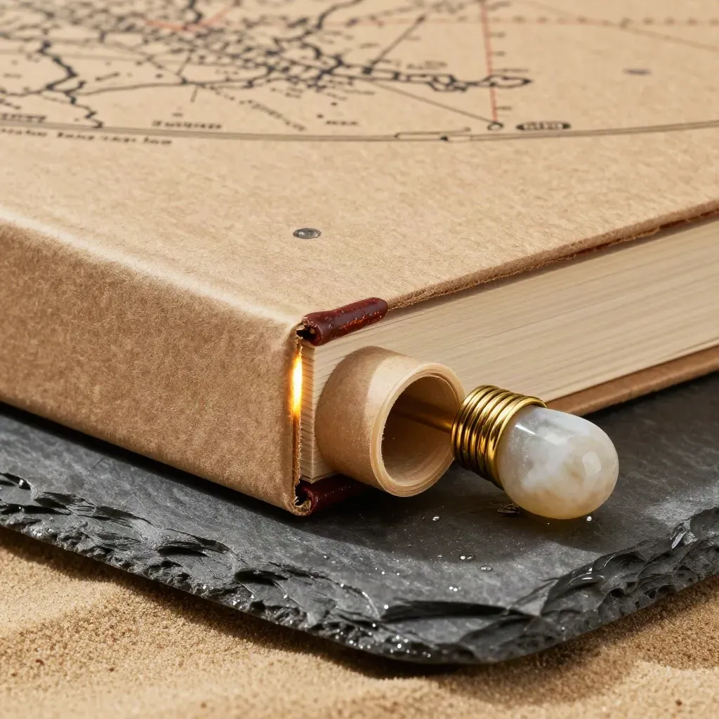 Warm paperboard atlas case with brass clip, rolled tube and stone on damp slate in cool vapor.