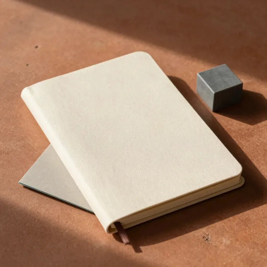 Terracotta flatlay of advisory-call kit with notebook, agenda sleeve, and mineral paperweight.