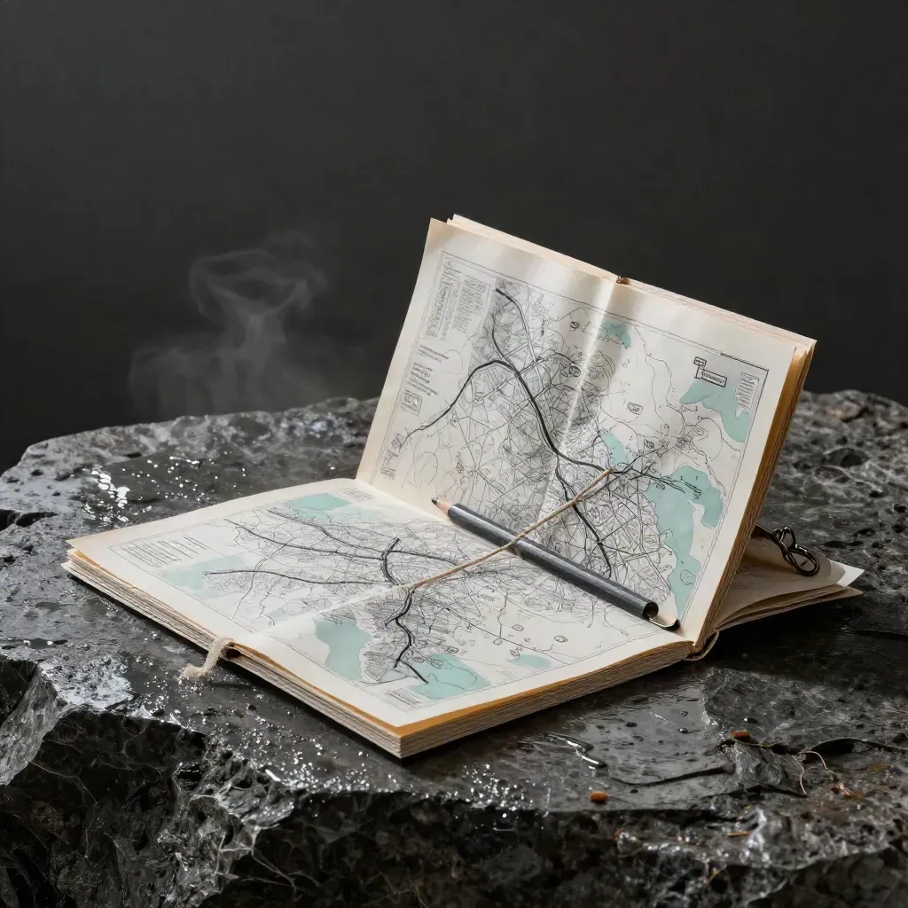 Accordion map, pencil, linen strip, and clip on a wet stone ledge under dramatic studio light.