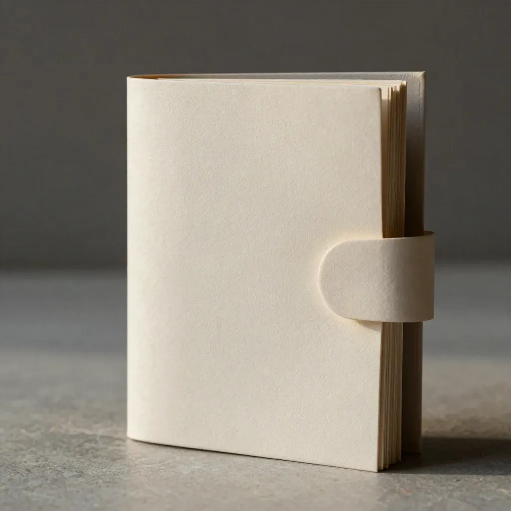 Macro of a textured messaging folio half-slid from a sleeve with layered paper and folded tab.