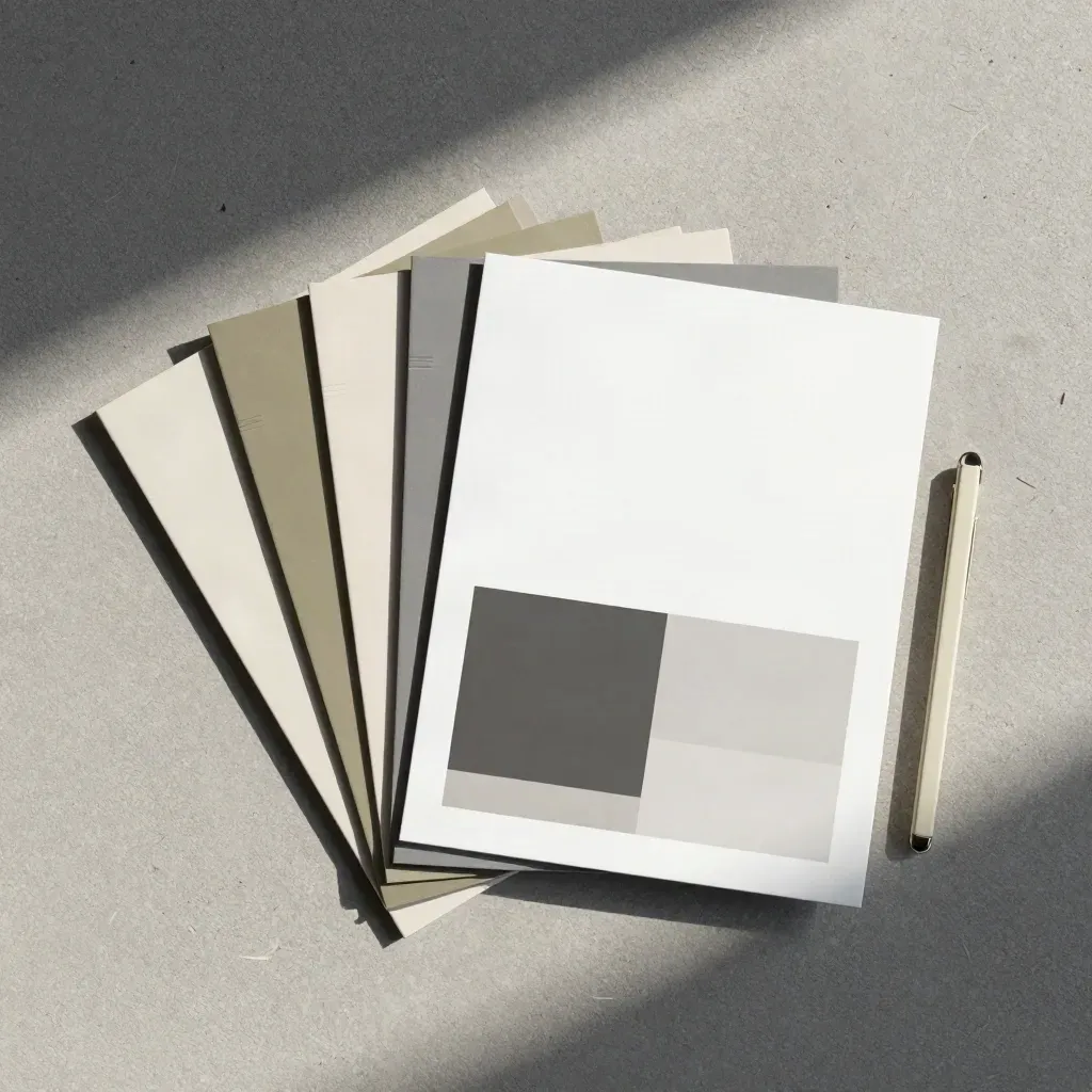 Overhead flatlay of audit cards, folded sheets, and a slim clip-on folder on concrete.