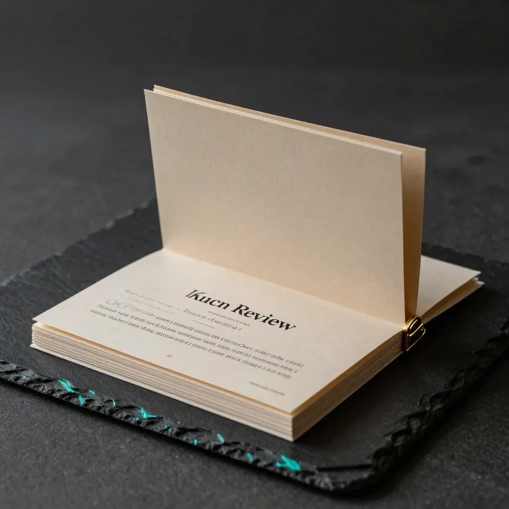Brass-clasp pricing review folio opening on black slate in moody studio light
