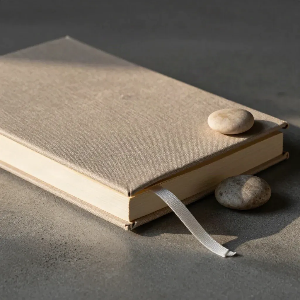 Macro of a linen notebook, loose pages, ribbon bookmark, and stone on concrete.