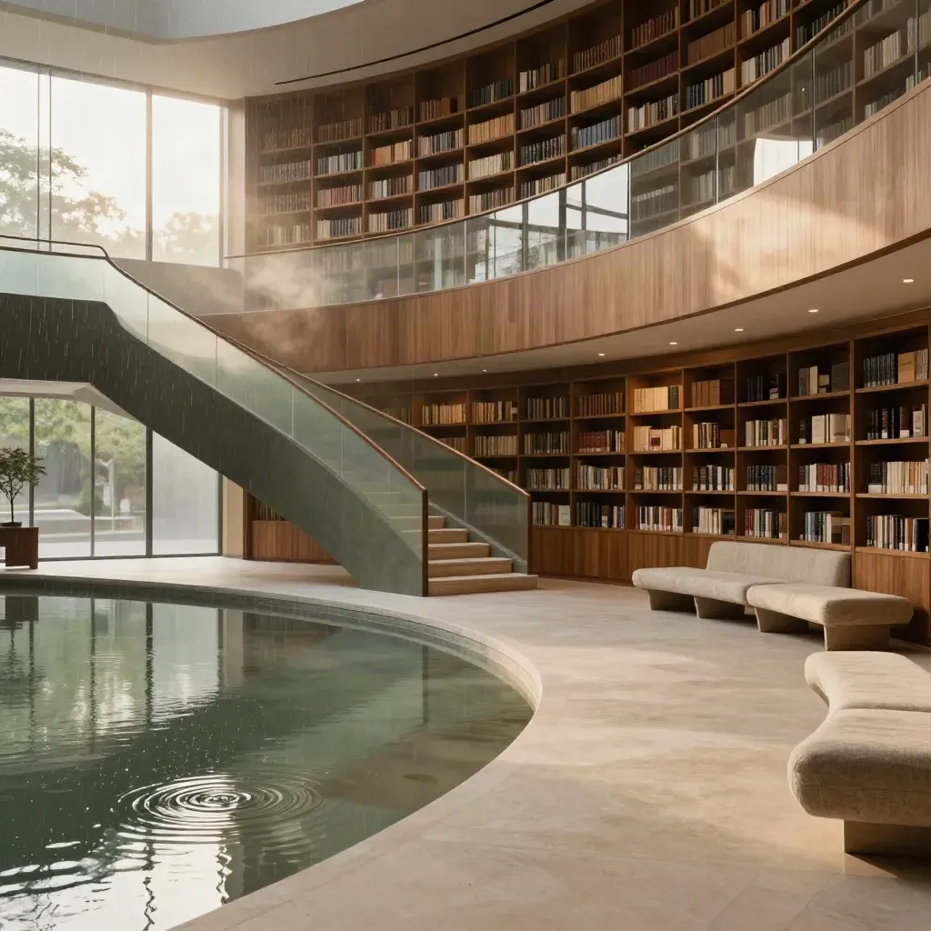 Walnut reading room edge, curved stair, frosted glass, and reflection pool in soft rain light.
