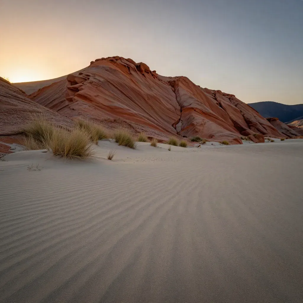 Wind-combed sandstone ridge above a calm sandy foreground in warm sunset haze