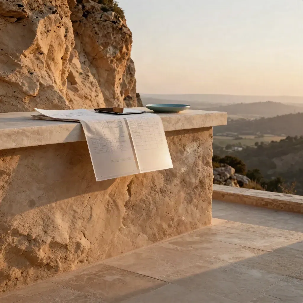 Golden cliffside terrace with strategy materials, valley haze, and warm sunlit clay walls.