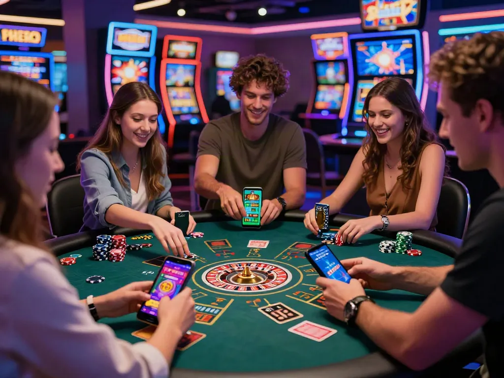 Interactive gaming scene showcasing friends enjoying diverse games at https://gem88.jpn.com/ with vibrant casino atmosphere.