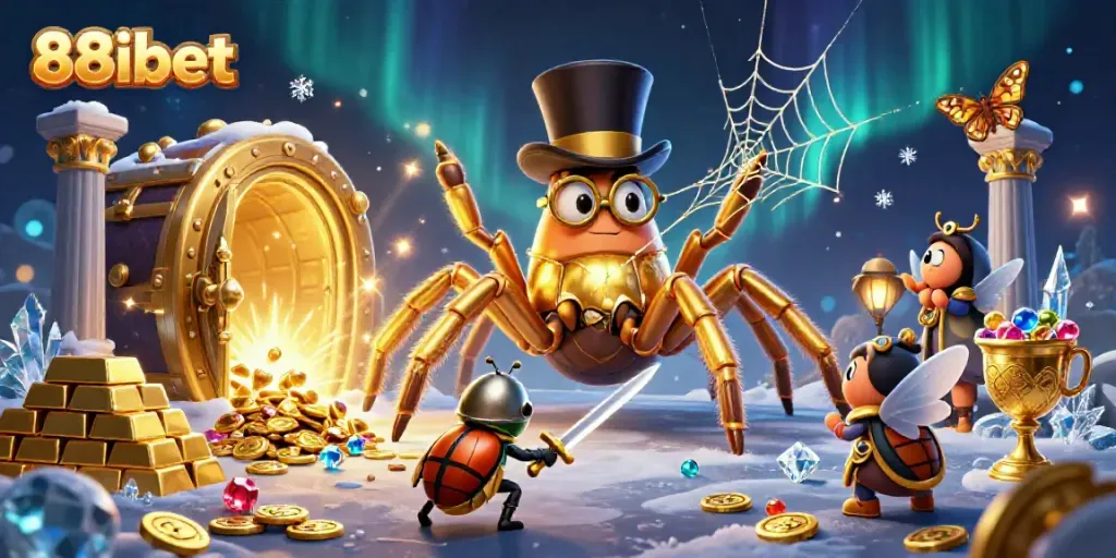 Experience the magic of 88ibet casino through a 3D illustration of a golden tarantula weaving webs of fortune.