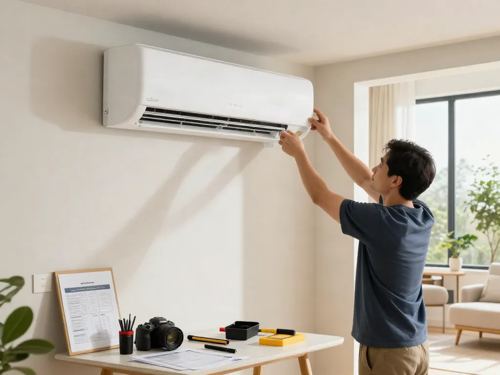 Homeowner installing an 18000 BTU mini split air conditioning unit in a bright, modern living room.