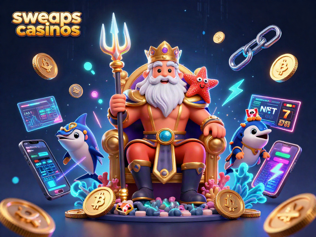Engage with sweeps casinos through an animated scene featuring Neptune, crypto elements, and vibrant slot machines.