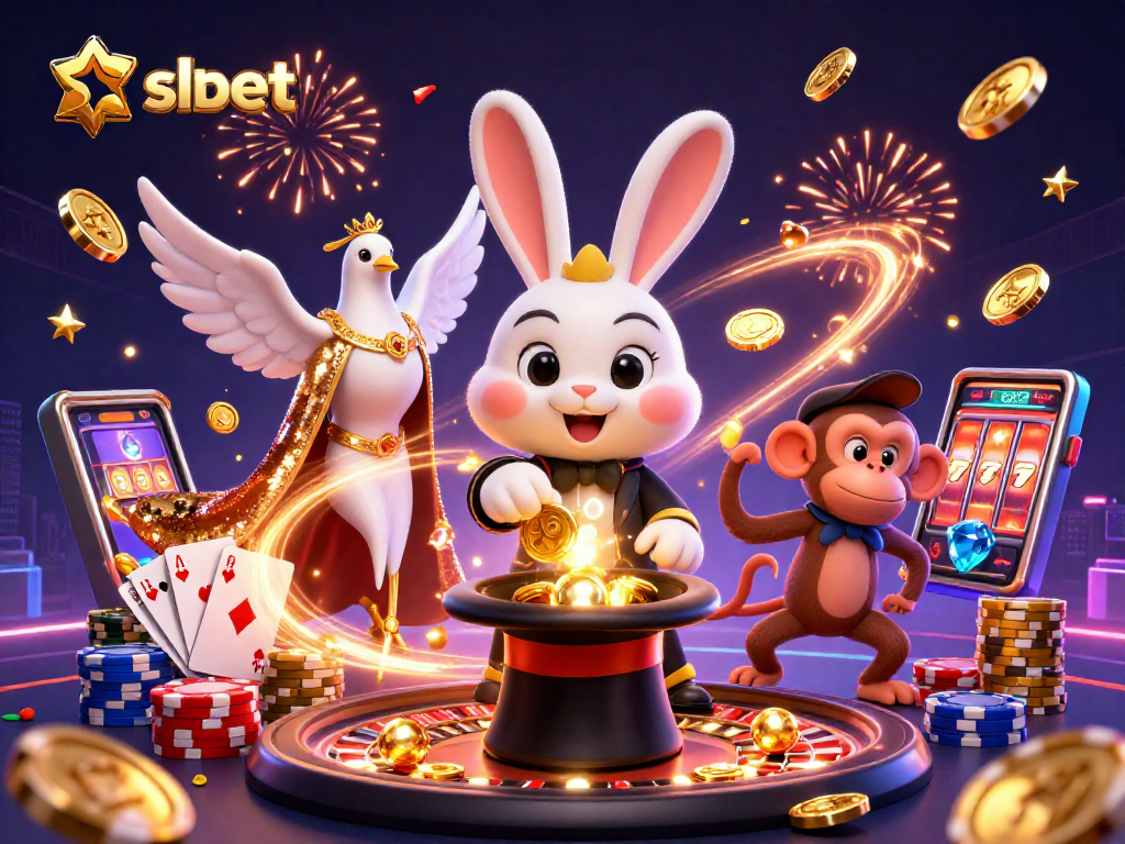 Experience the thrill of shbet casino games with a vibrant 3D illustration of a magician rabbit pulling coins.